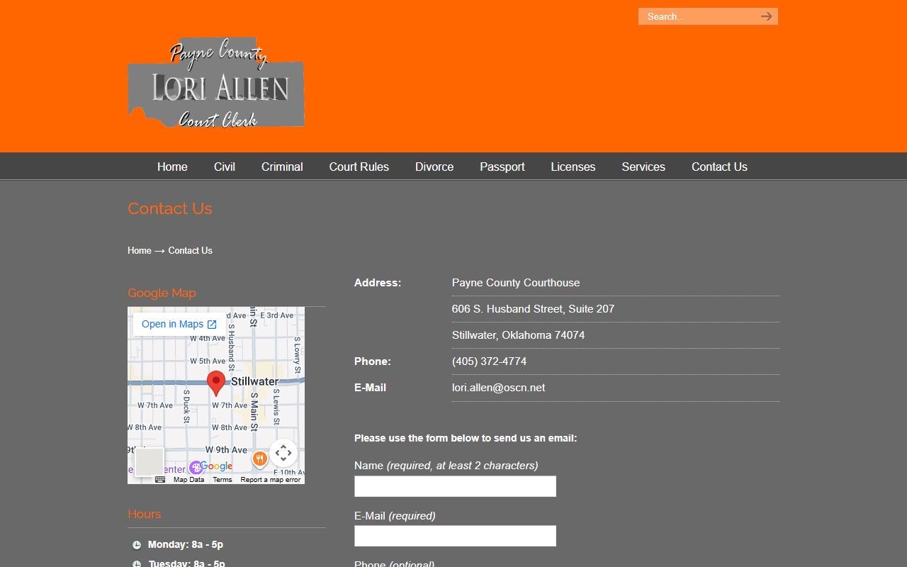 Payne County Court Clerk contact page with address and hours