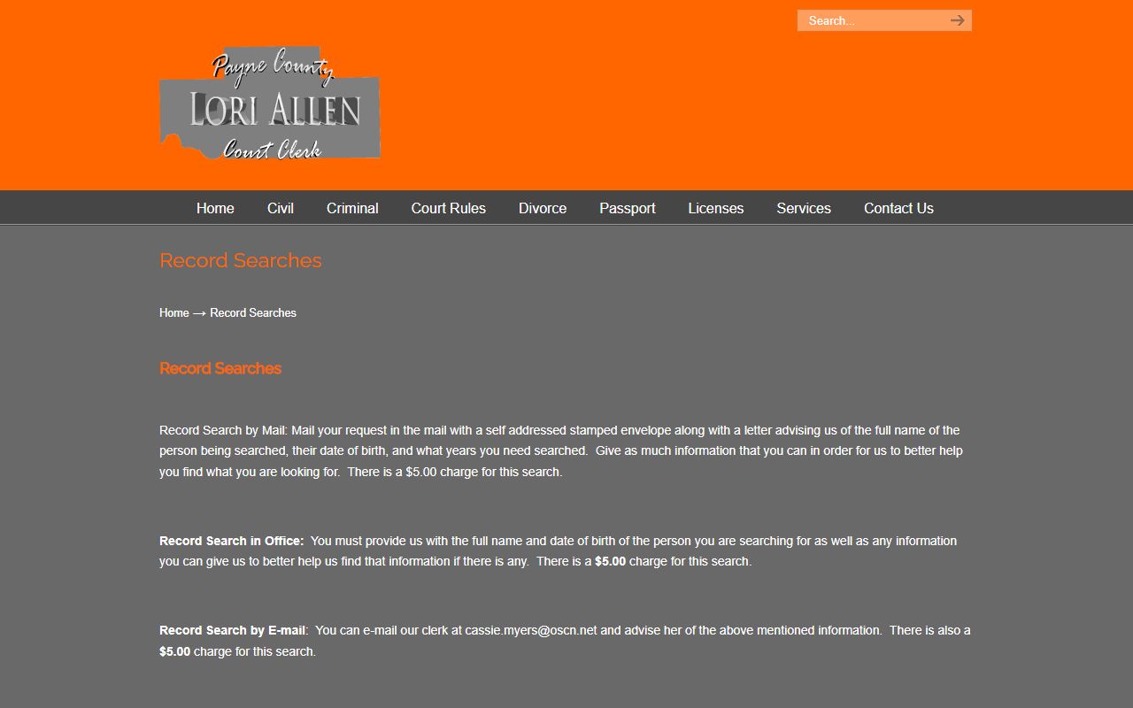 Payne County Court Clerk record-search instructions and fee