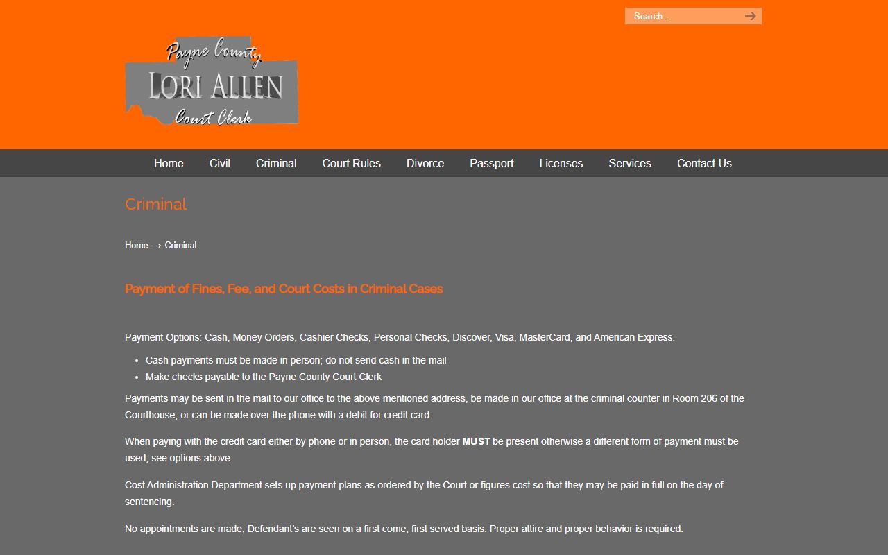 Payne County Court Clerk criminal costs and payment options