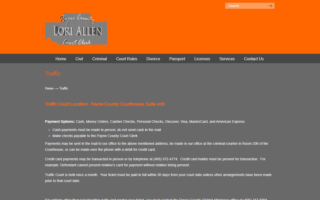 Payne County traffic court payment page run by the Court Clerk