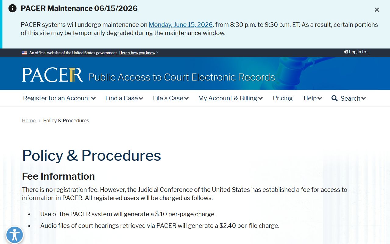 PACER fee and policy page for federal court records relevant to Payne County