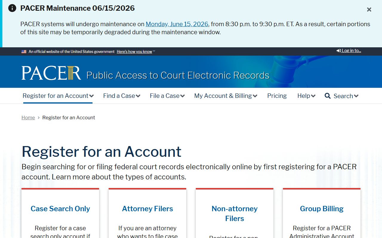 PACER account registration page for Payne County federal court records access