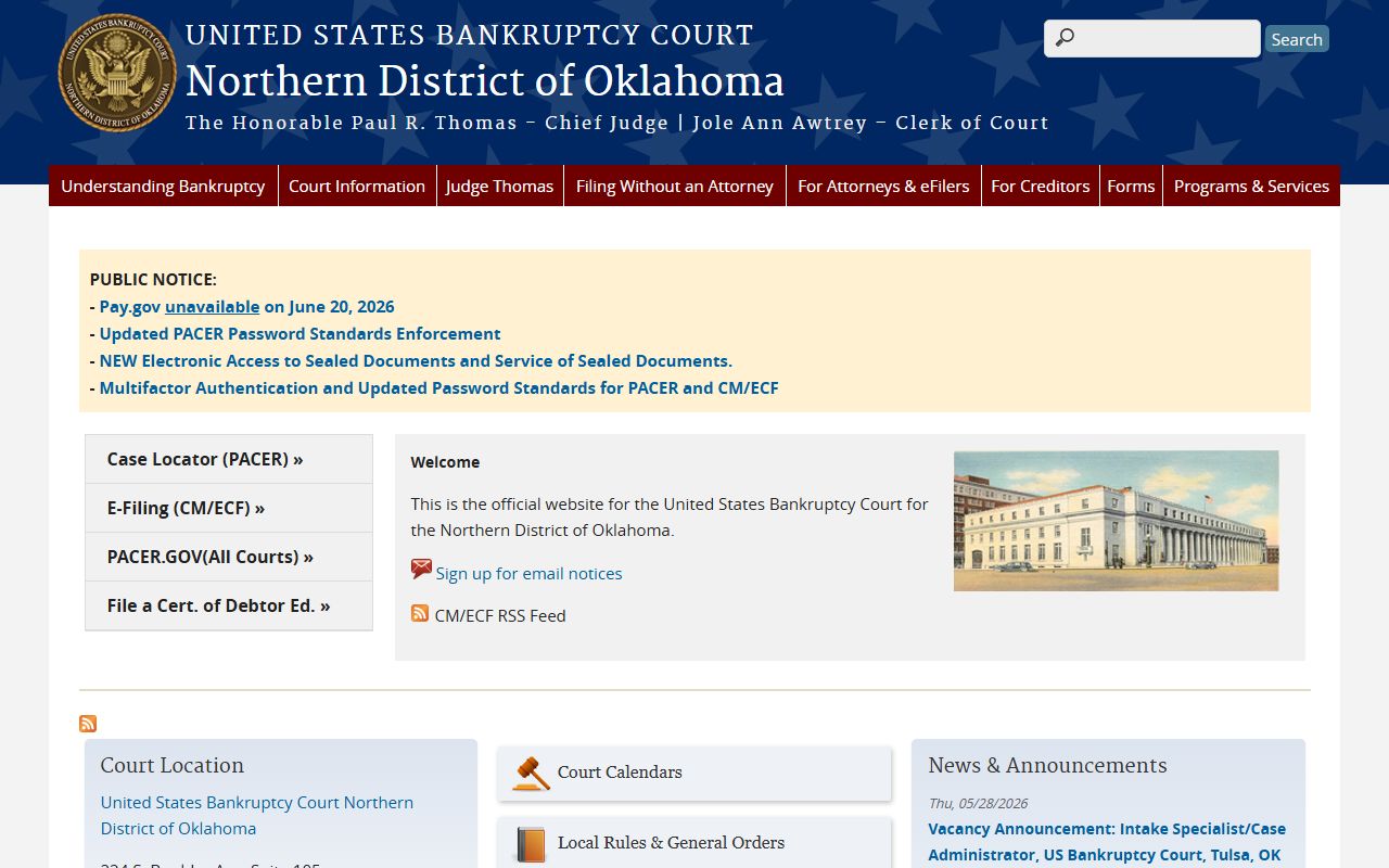 U.S. Bankruptcy Court Northern District of Oklahoma records serving Payne County