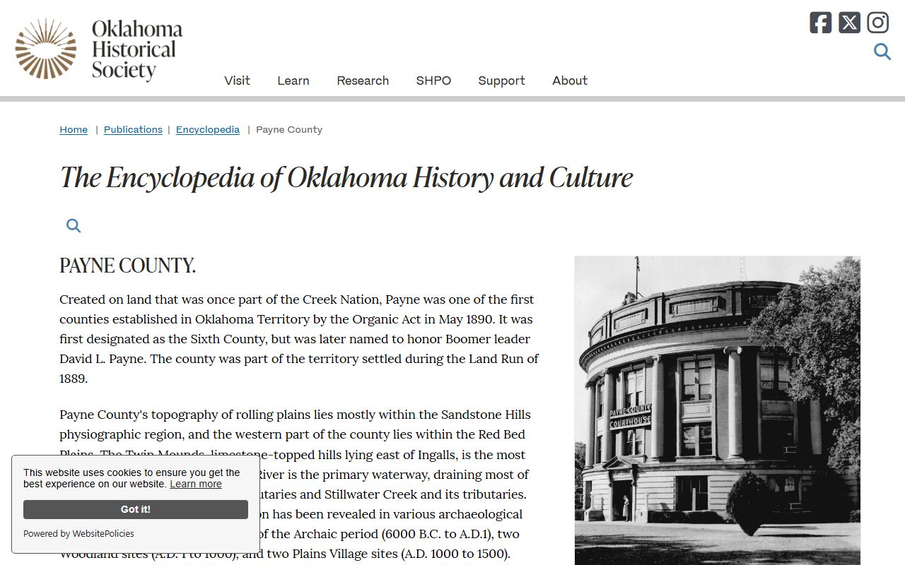 Oklahoma Historical Society page on Payne County history behind its court records