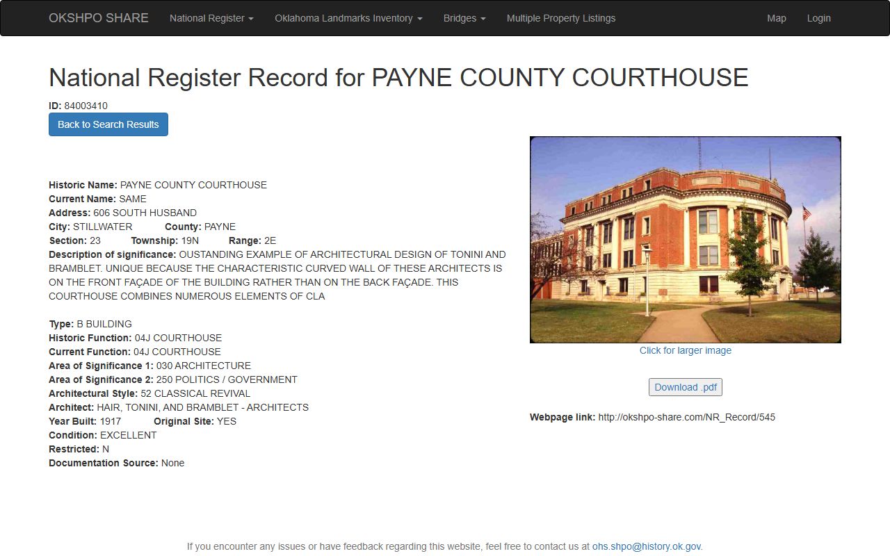 Oklahoma SHPO record for the historic Payne County Courthouse and court records building