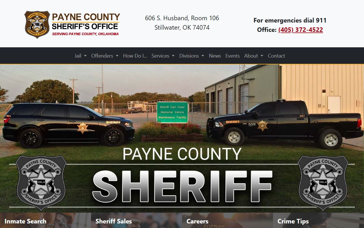 Payne County Sheriff's Office home page with jail and court records tools