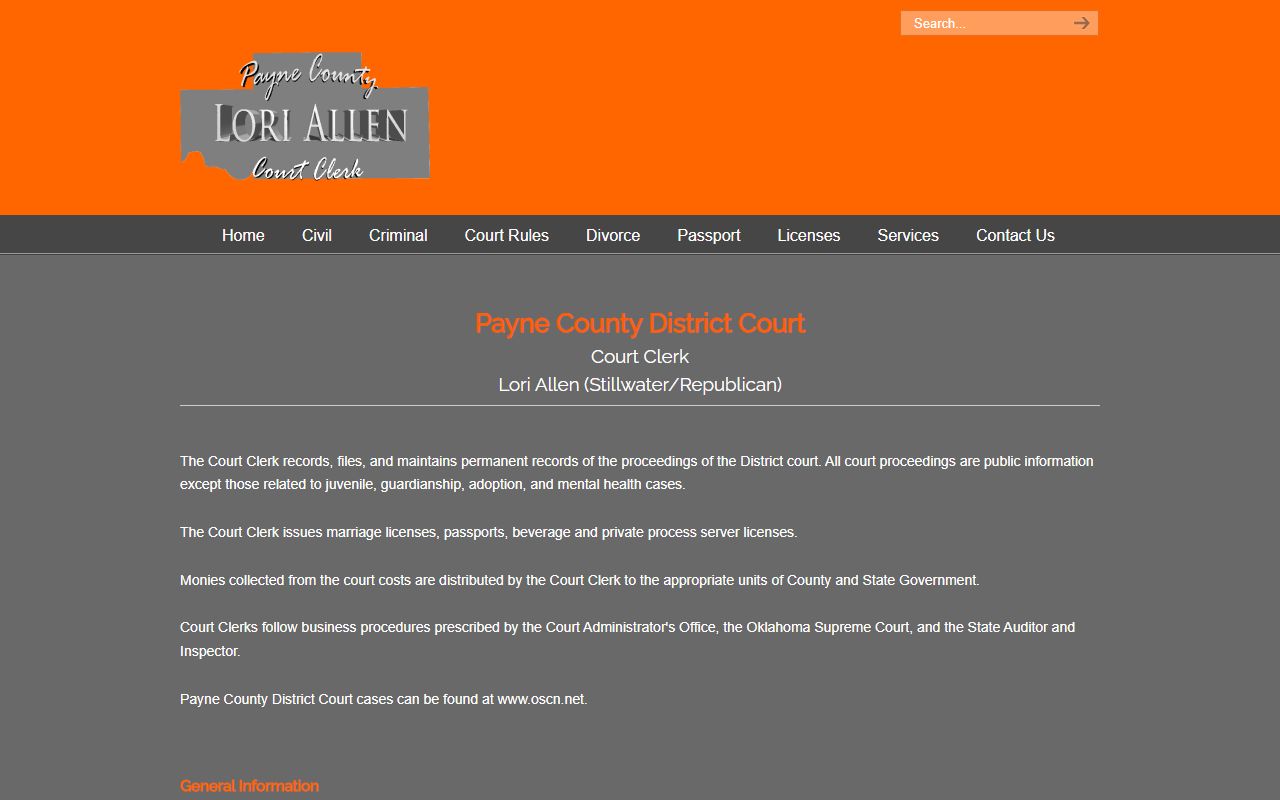 Payne County Court Clerk home page for court records searches