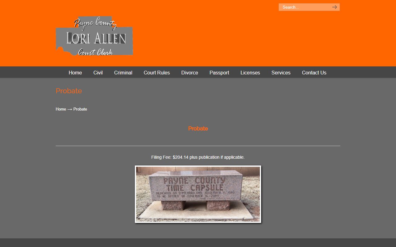 Payne County probate records filing fee page from the Court Clerk