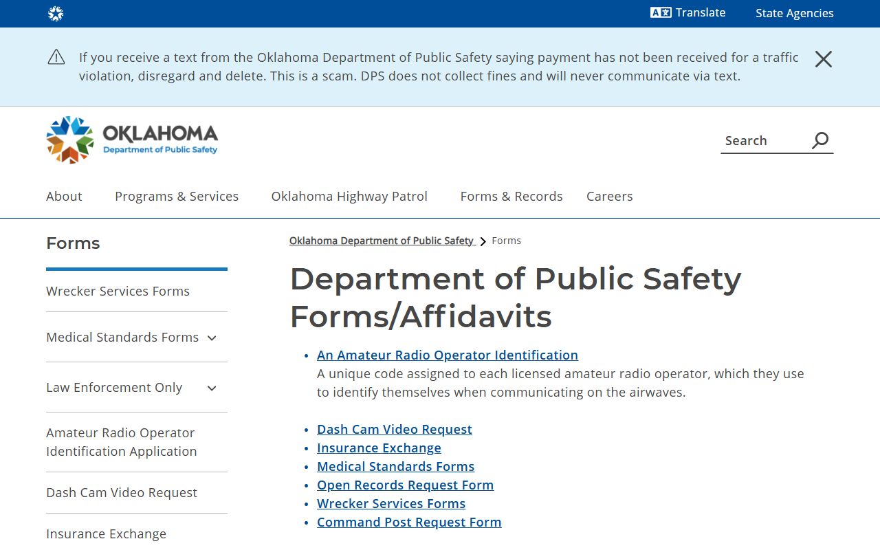 Payne County traffic collision report forms on the DPS forms page