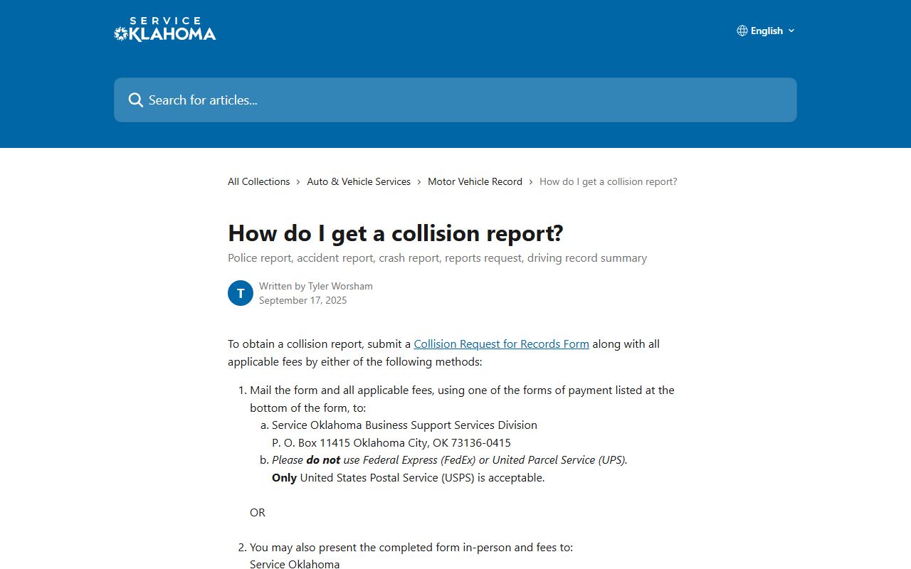 Payne County traffic collision report request help from Service Oklahoma