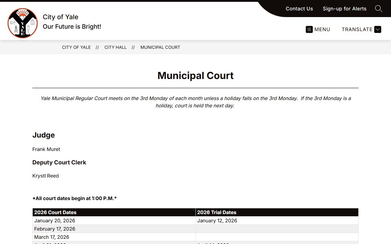 Payne County traffic court schedule for the Yale Municipal Court