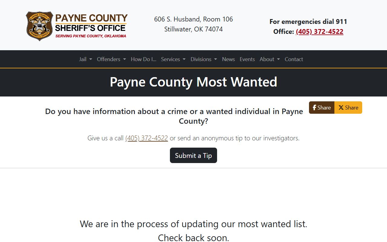 Payne County warrant most wanted page from the Sheriff's Office